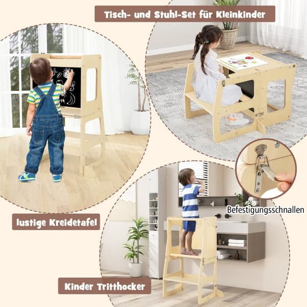 Klatretrekant med sklie 7 i 1 klatrestativ innendørs for barn fra 3 år flerfarget + naturlig