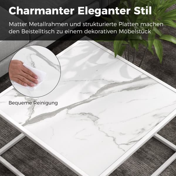 Sofabord marmorlook rektangulært salongbord med metallramme 70 x 70 x 40 cm hvit