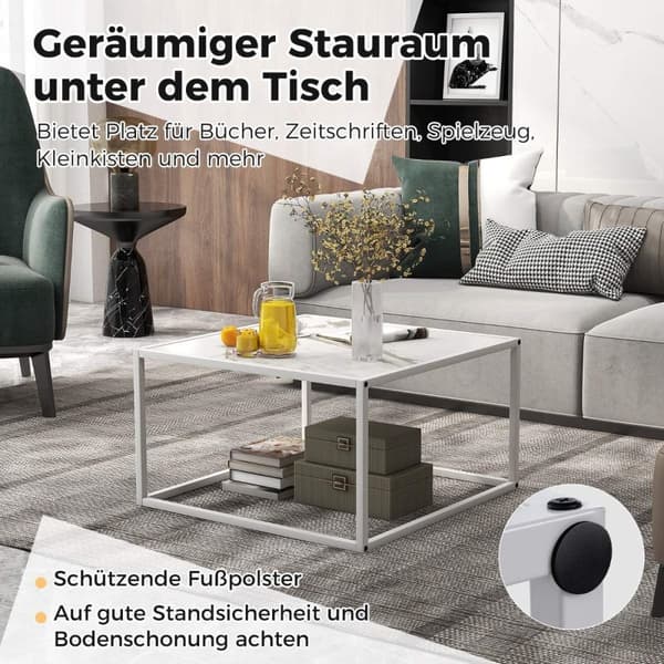 Sofabord marmorlook rektangulært salongbord med metallramme 70 x 70 x 40 cm hvit