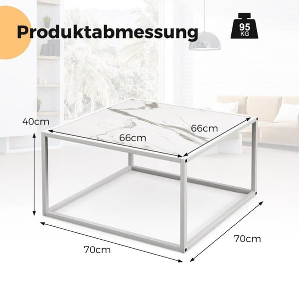 Sofabord marmorlook rektangulært salongbord med metallramme 70 x 70 x 40 cm hvit