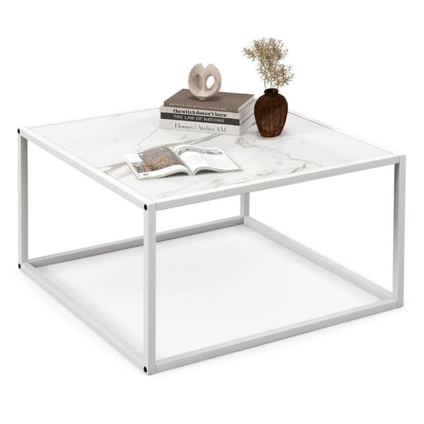 Sofabord marmorlook rektangulært salongbord med metallramme 70 x 70 x 40 cm hvit