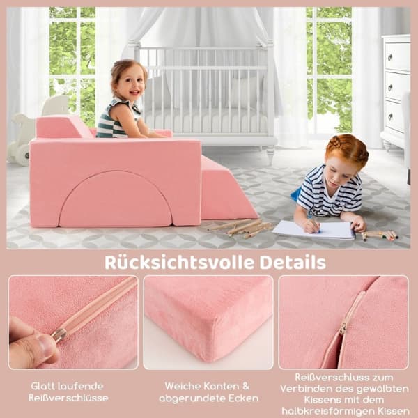 Moduluppbyggd barnsoffa, leksoffa, modulsoffa med avtagbart överdrag, 105,5 x 101 x 48 cm, rosa