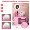 Miniatyrbilde 3 av 5: 2 i 1 toalettbord for barn med krakk og LED-lys og speil og skuff kosmetikkbord rosa