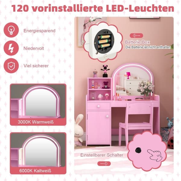 2 i 1 toalettbord for barn med krakk og LED-lys og speil og skuff kosmetikkbord rosa