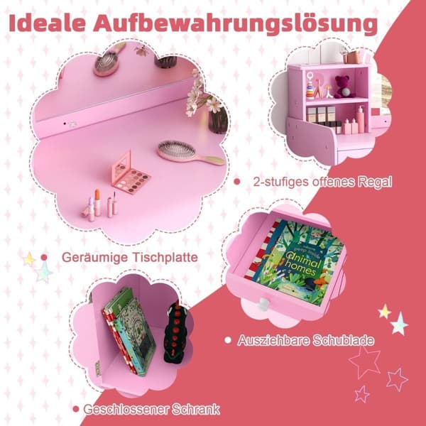 2 i 1 toalettbord for barn med krakk og LED-lys og speil og skuff kosmetikkbord rosa