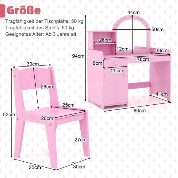 2 i 1 toalettbord for barn med krakk og LED-lys og speil og skuff kosmetikkbord rosa