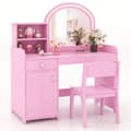 Miniatyrbilde 1 av 5: 2 i 1 toalettbord for barn med krakk og LED-lys og speil og skuff kosmetikkbord rosa