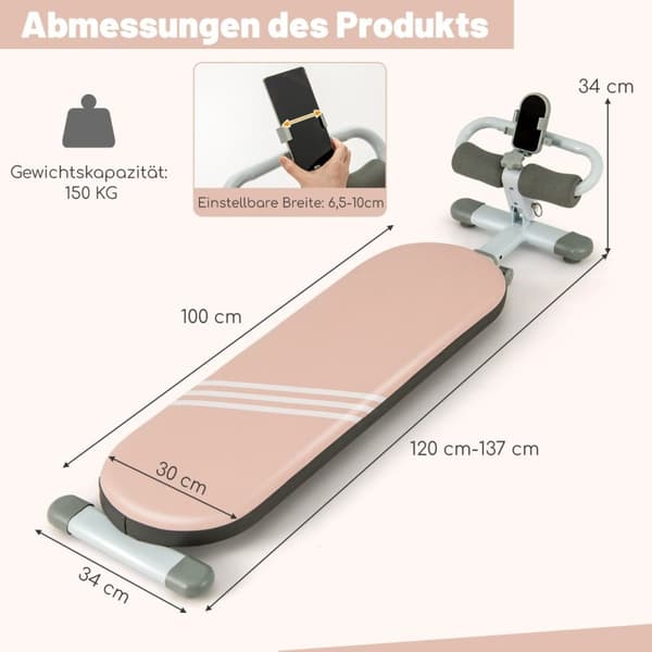 Sammenfoldelig siddebænk med 3 justerbare vinkler og mobiltelefonholder. Pink træningsbænk.