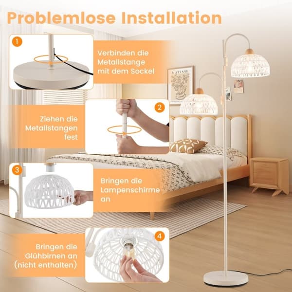 Gulvlampe med 2 lys og fotbryter 350° roterbar trelampe vevde lampeskjermer