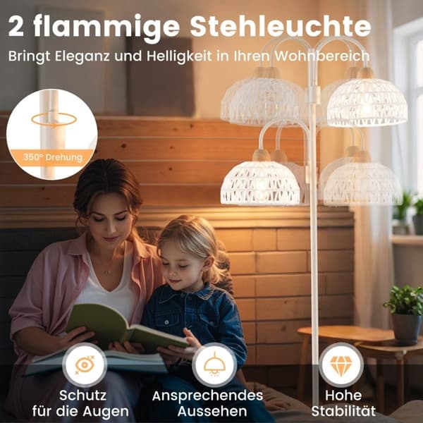 Gulvlampe med 2 lys og fotbryter 350° roterbar trelampe vevde lampeskjermer