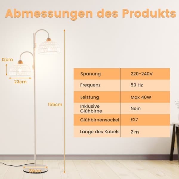 Gulvlampe med 2 lys og fotbryter 350° roterbar trelampe vevde lampeskjermer