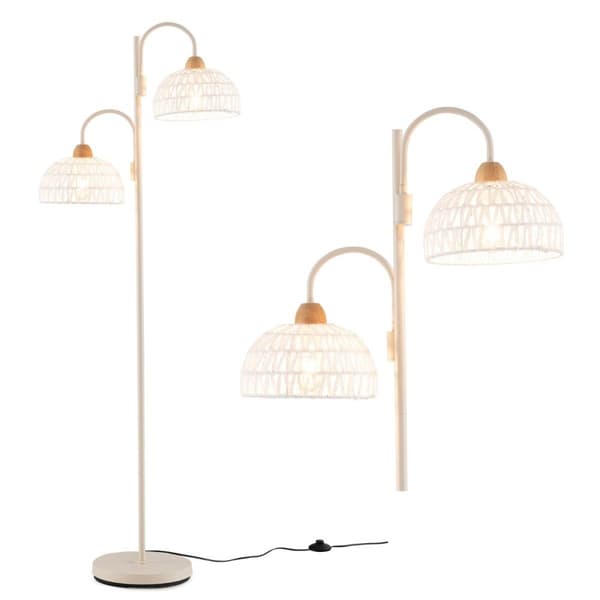 Gulvlampe med 2 lys og fotbryter 350° roterbar trelampe vevde lampeskjermer