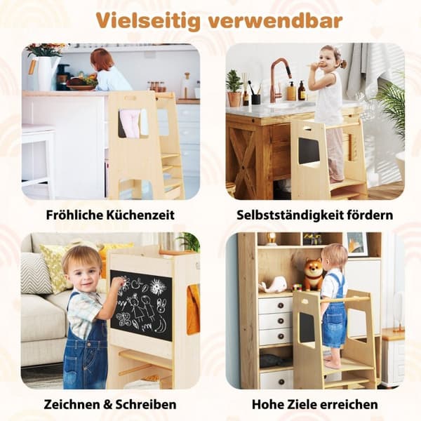 2 i 1 Kitchen Helper Learning Tower med 3 justerbara höjder & Tavlan Step Pall Learning Chair Natural