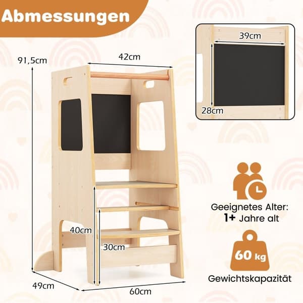 2 i 1 Kitchen Helper Learning Tower med 3 justerbara höjder & Tavlan Step Pall Learning Chair Natural