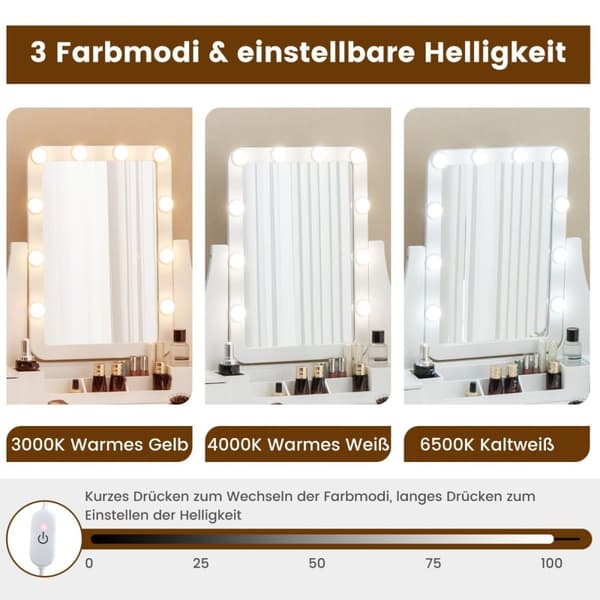 Meikkipöytä LED-valolla & 5 laatikkoa & jakkara peilipöytä kosmetiikkapöytä valkoinen