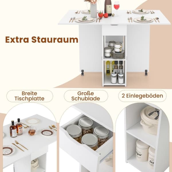 Fällbart matbord med 2 hjul, mobilt hopfällbart bord, matsalsbord med 2-vånings förvaringsutrymme och låda, vit