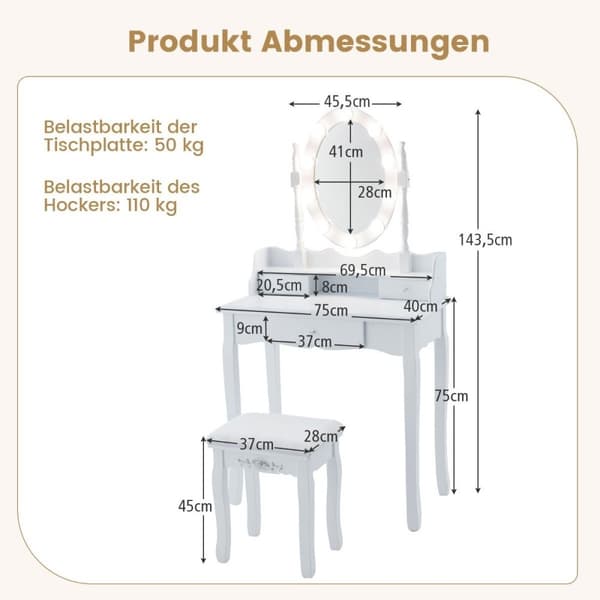 Sminkebord med LED-belysning justerbar lysstyrke sminkebord med 3 skuffer hvit