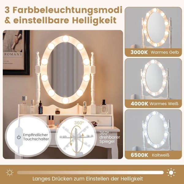 Sminkebord med LED-belysning justerbar lysstyrke sminkebord med 3 skuffer hvit