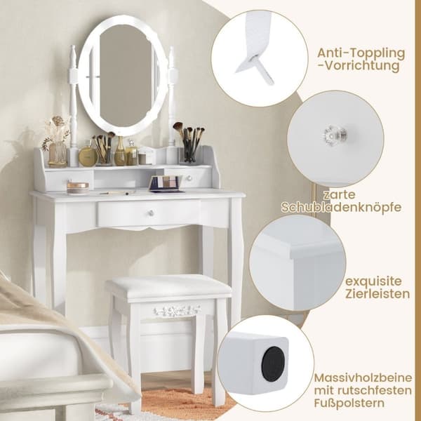 Sminkebord med LED-belysning justerbar lysstyrke sminkebord med 3 skuffer hvit
