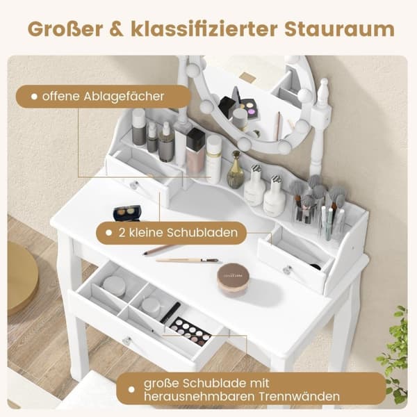 Sminkebord med LED-belysning justerbar lysstyrke sminkebord med 3 skuffer hvit