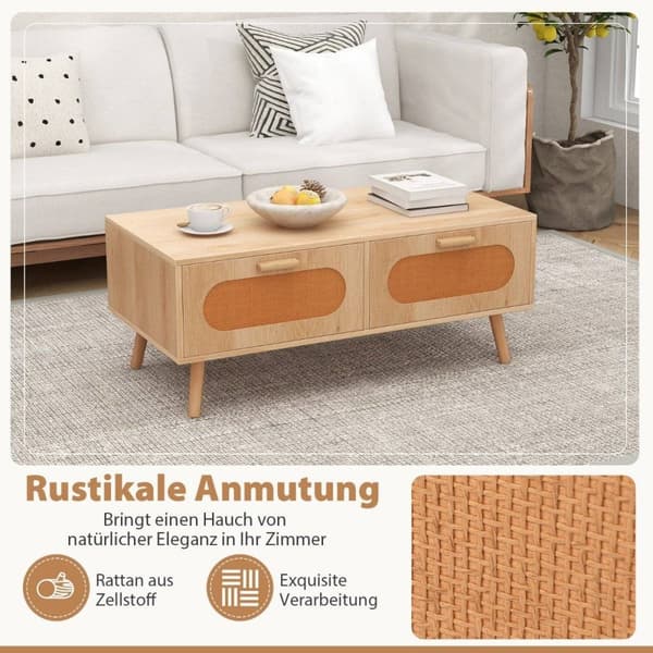 Rotting salongbord med 2 skuffer, 100 x 50 x 41 cm, natur