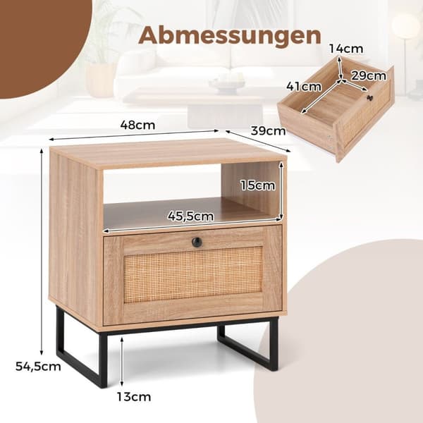 Natbord i rattan i middelalderstil med skuffe og åbent sidebord med accentbord