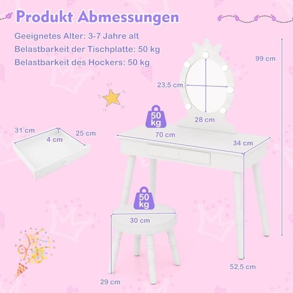 Lasten peilipöytä valaistuksella 2 in 1 prinsessa peilipöytä irrotettavalla peilillä valkoinen