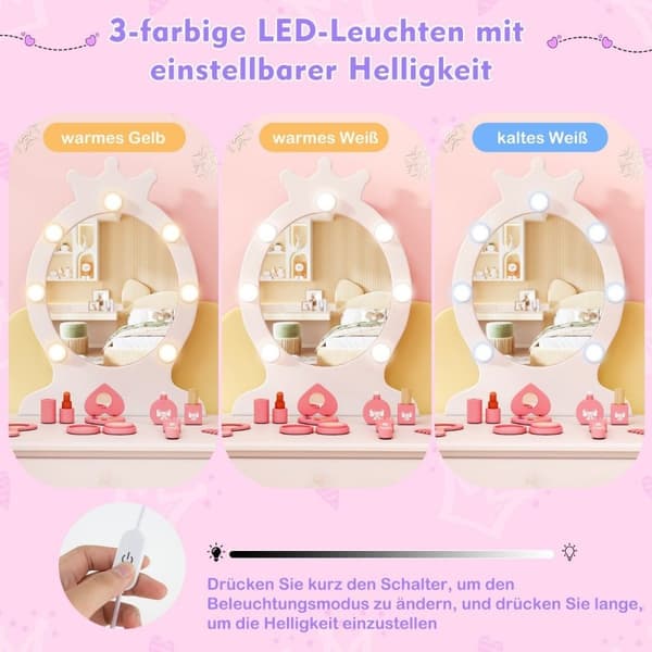 Sminkebord for barn med belysning 2 i 1 prinsesse sminkebord med avtagbart speil hvit