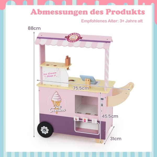 Isvogn for barn med iskrem lekebutikk tre med iskremmaskin rosa