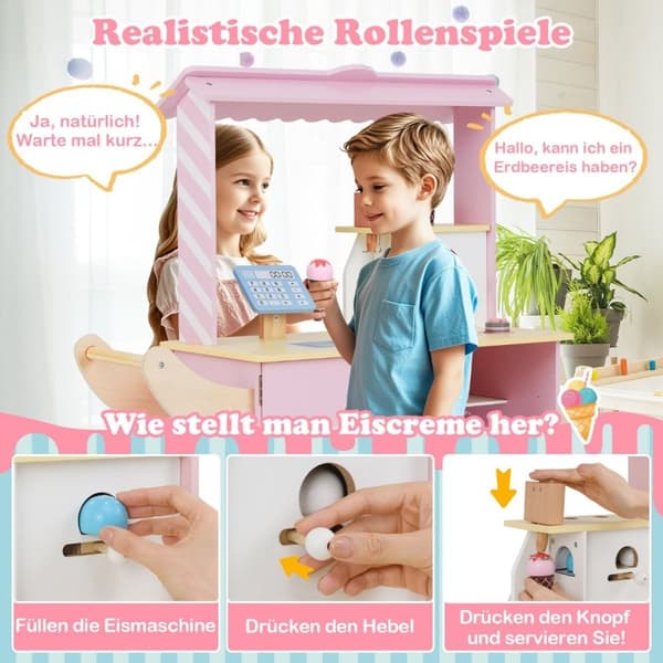 Isvogn for barn med iskrem lekebutikk tre med iskremmaskin rosa