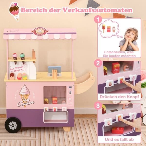 Isvogn for barn med iskrem lekebutikk tre med iskremmaskin rosa