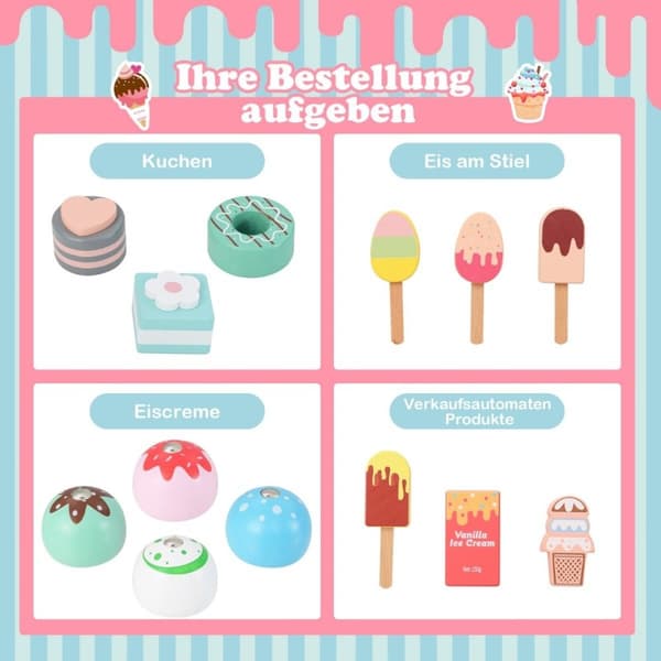 Isvogn for barn med iskrem lekebutikk tre med iskremmaskin rosa