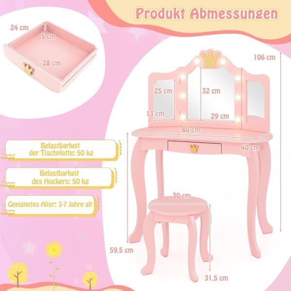 Sminkebord for barn med belysning, sminkebord for jenter med trefoldbart speil, rosa