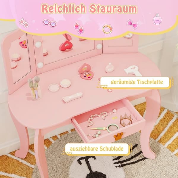 Sminkebord for barn med belysning, sminkebord for jenter med trefoldbart speil, rosa