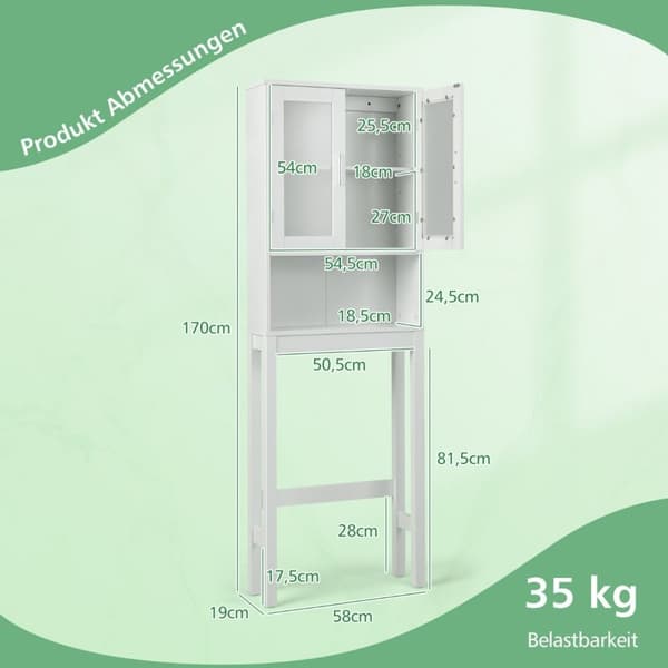 WC-kaappi vapaasti seisova kylpyhuoneen wc-hylly wc:n yläpuolella 58 x 19 x 170 cm valkoinen