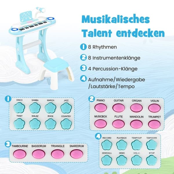 37 tangenter Piano Keyboard med lett elektrisk barnetastatur Opptak og avspilling Toy Piano Blue