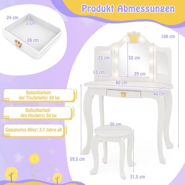 Sminkebord for barn med belysning, sminkebord for jenter med trefoldbart speil, hvit