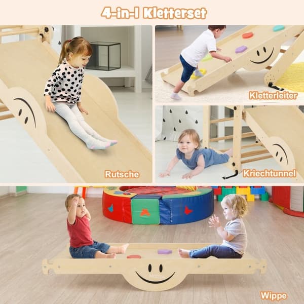 Sammenleggbare treklatreleker med justerbar og vendbar rampe Montessori klatresett Natural