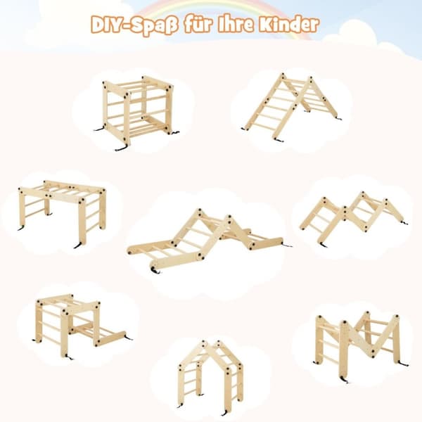 Sammenleggbare treklatreleker med justerbar og vendbar rampe Montessori klatresett Natural