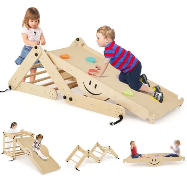 Sammenleggbare treklatreleker med justerbar og vendbar rampe Montessori klatresett Natural