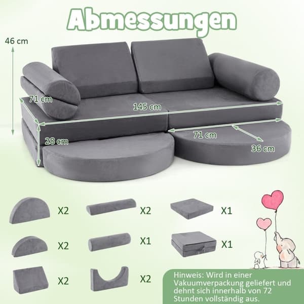 14-delers modulbasert barnesofa, skumlekesofa, byggeklosssofa for klatring og krypning, grå