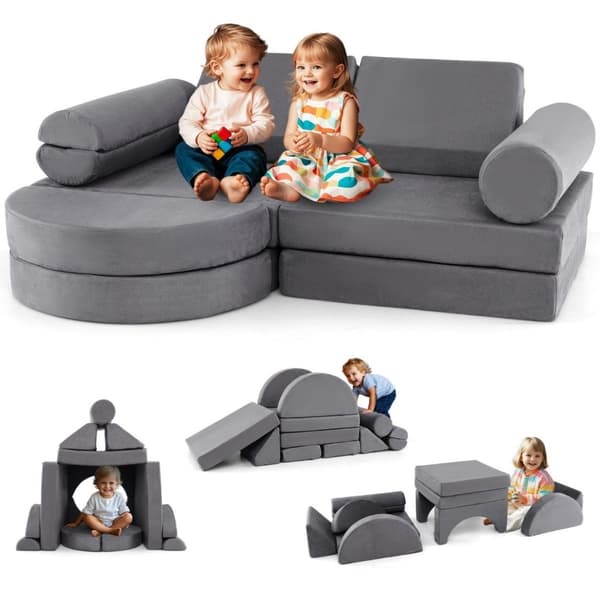 14-delers modulbasert barnesofa, skumlekesofa, byggeklosssofa for klatring og krypning, grå
