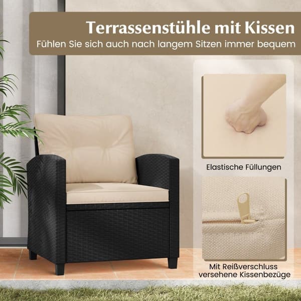 3-osainen rottinkipuutarhakalusteet, sisältää 2 nojatuolia ja 1 sivupöytä, istuinsarja tyynyillä, beige