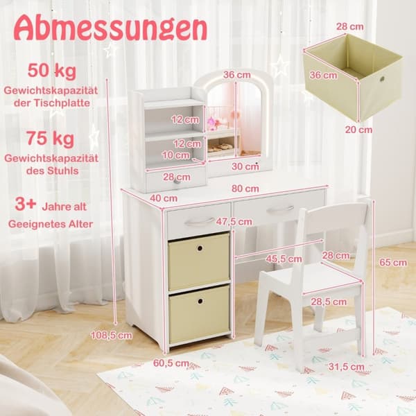 Sminkebord for barn med belysning Sminkebord for barn med speil Sminkebord Hvit