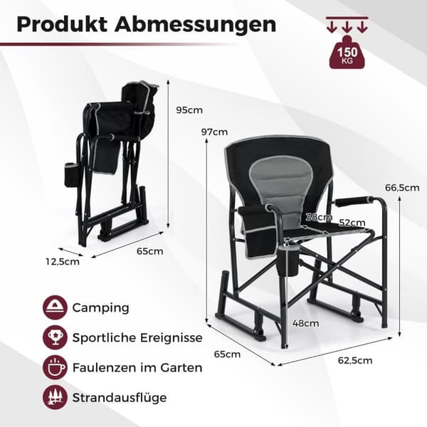 Hopfällbar campingstol med gungfunktion & mugghållare & sidoficka fiskestol