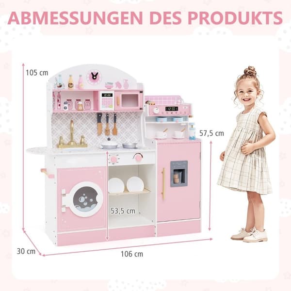 Barnekjøkken med 27 tilbehør, lekekjøkken i tre med klokke, mikrobølgeovn, rosa