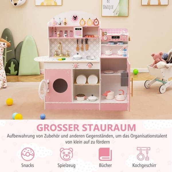 Barnekjøkken med 27 tilbehør, lekekjøkken i tre med klokke, mikrobølgeovn, rosa