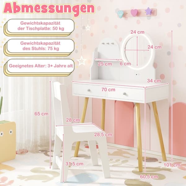Sminkbord för barn med belysning 2 i 1 sminkbord med spegel vit