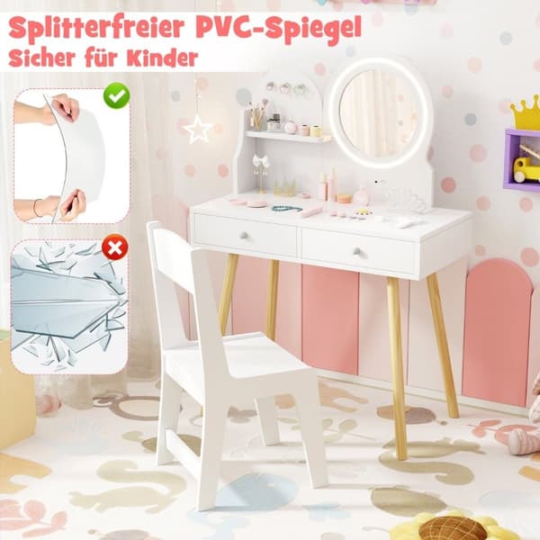 Sminkbord för barn med belysning 2 i 1 sminkbord med spegel vit