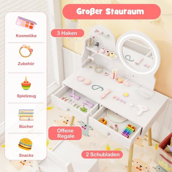 Sminkbord för barn med belysning 2 i 1 sminkbord med spegel vit